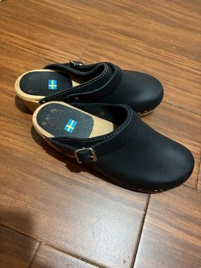 MIA Black Leather Slip-On Clog Heels with Buckle